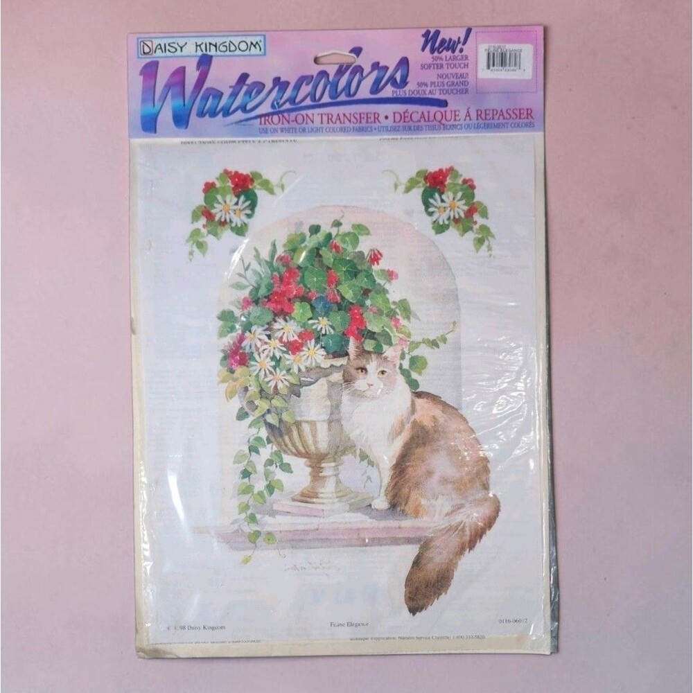1998 Vintage Daisy Kingdom Watercolor Cat Iron-On Transfer Cottagecore Floral